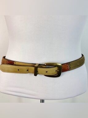 Vintage Fossil Leather Belt Brown Colorblock Brass Buckle Large